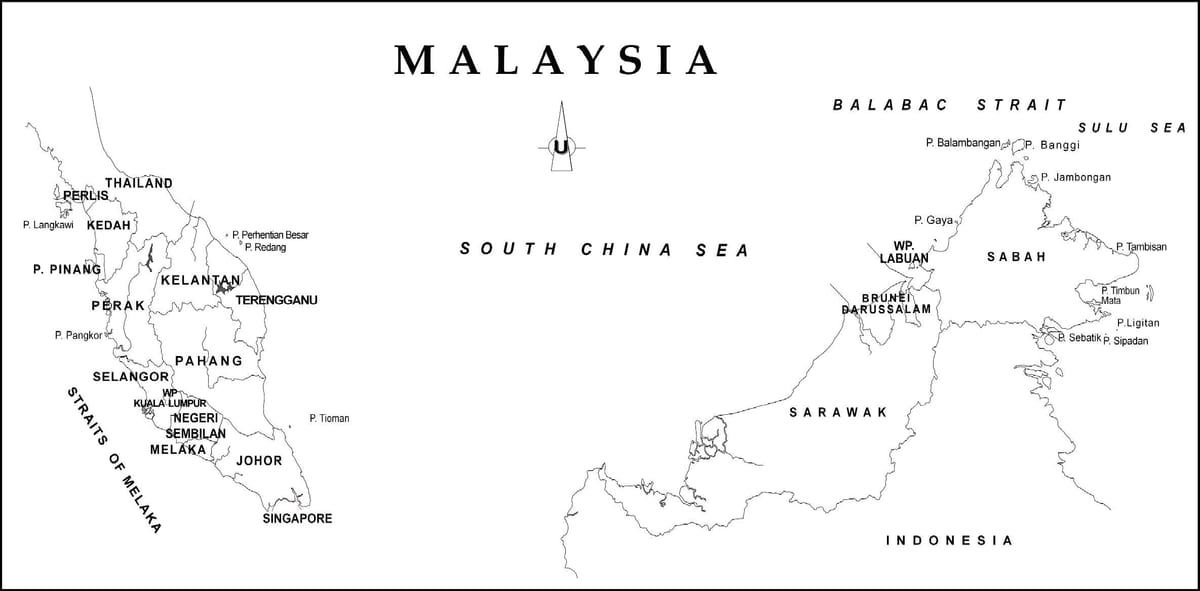 carte de carte de contour de la malaisie avec les frontières de l'etat